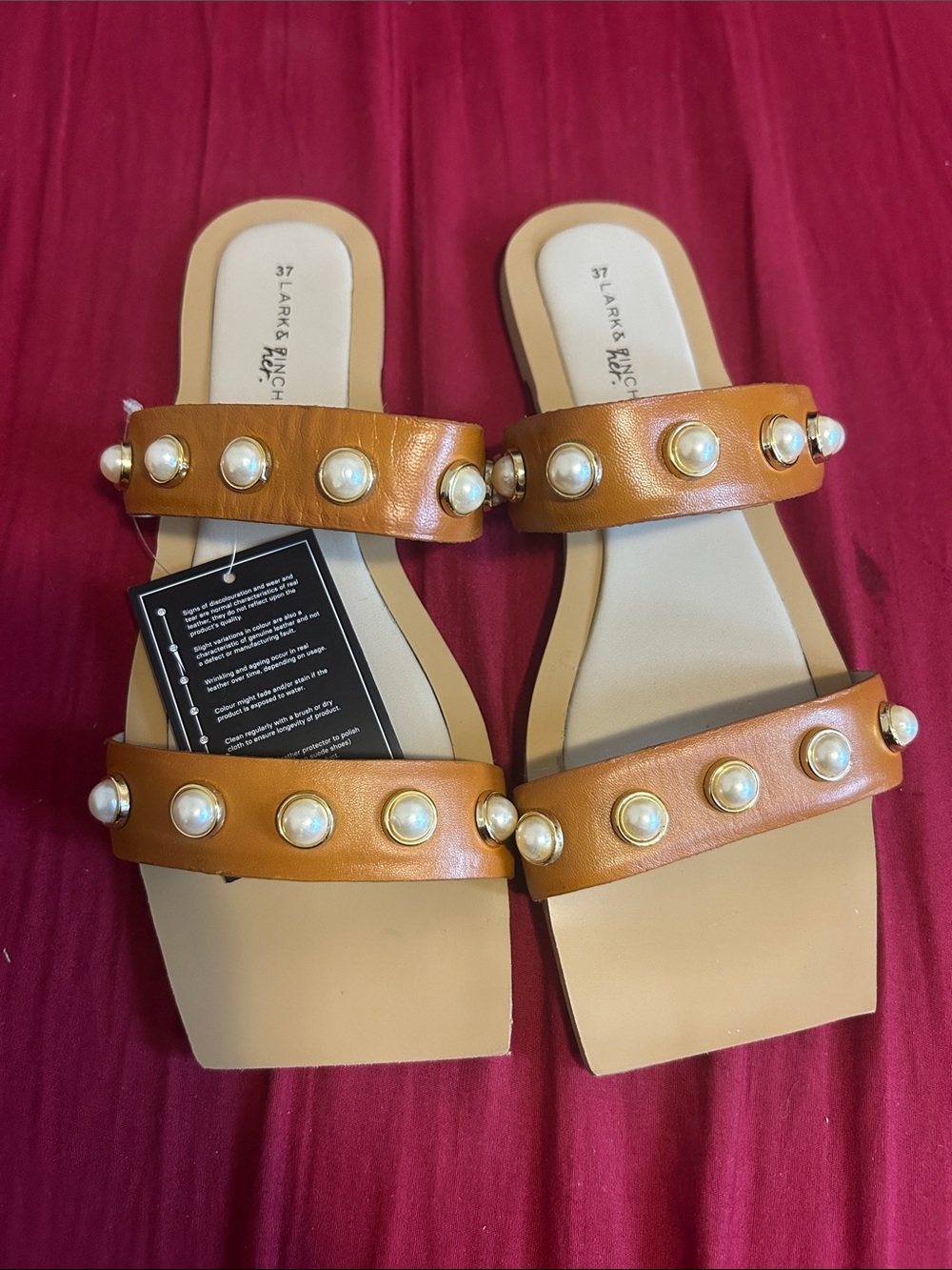 Tan Pearl-Embellished Double Strap Slide Sandal